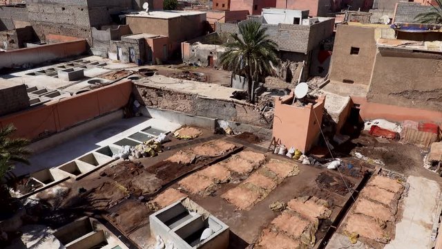Panorama Of Traditional Leather Tannery Marrakech Medina. Aerial 4K view on tanning industry working process.