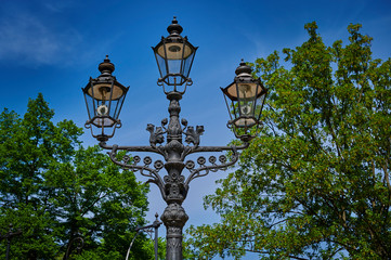 Fototapeta na wymiar Historic and still functional street lamp that is powered by gas and stands in a Berlin park.