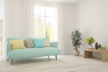 White living room with sofa. Scandinavian interior design. 3D illustration