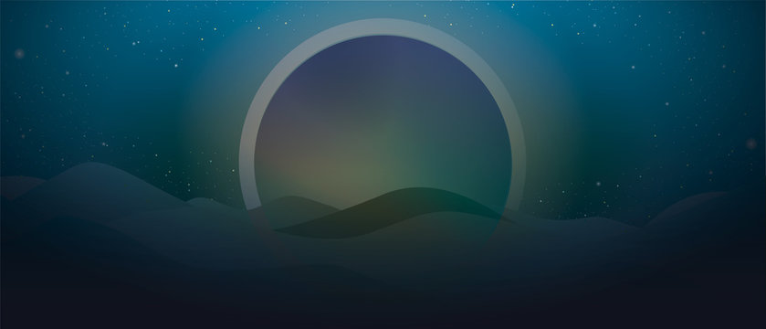 Alien night background with a huge cosmic moon emitting strange light on a mountain of sand.