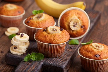 Banana muffins with chocolate drops. Delicious homemade sweet dessert