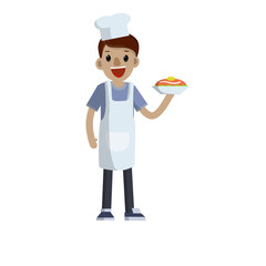 Chef in white apron and cap with plate of food. Work in cafes and restaurant. Kind of profession. The man cooked meal on dish. Cartoon flat illustration