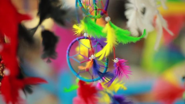 Indian traditional colorful, gentle Dream Catchers fluttering in the wind attracting tourists to buy in the city of Kochi, Kerala, India