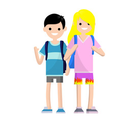 Couple in summer clothes. Students boyfriend and girlfriend with backpacks. Travelers man and girl. Communication friends. Cartoon flat illustration.