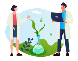 Scientists are engaged in scientific research in agriculture. Vector illustration of a male agronomist with glasses and a laptop and a female scientist with a test tube in his hand. Concept
