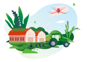 Spring and summer. Vector illustration of a Smart farm with wireless management, ranch, rural scene, farming, farming, animal husbandry. High technologies and innovations. Scientific research.