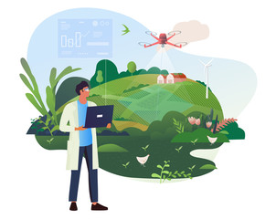 Vector illustration of a scientist-agronomist with glasses, engaged in diagnostics of the state of wheat and rapeseed crops using drones. High technologies and innovations. Concept