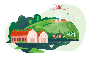 Vector Illustration of smart farm, ranch, agriculture, farming. Diagnostics of the state of wheat and rapeseed crops using unmanned aerial vehicles. High technologies and innovations.