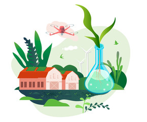 Illustration of smart farm, ranch, rural scene, agriculture. Diagnostics of the state of wheat and rapeseed crops using unmanned aerial vehicles and plants in a glass. High technologies and innovation