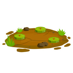 Minefield. Set of mines on ground. Rocks and grass. Explosive element of war. Cartoon flat illustration. Green lawn with bombs. Modern warfare landscape