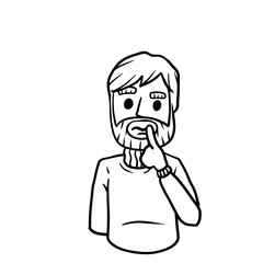 Confused man. Doubts and gesture finger at hands. Emotions of hesitation, suspicion and mistrust. Hand-drawn embarrassed bearded character. Guy and question