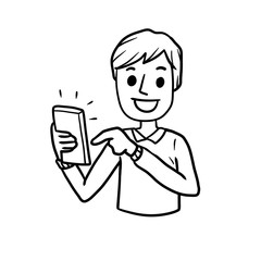 Man with mobile phone. Cartoon hand drawn sketch illustration. Young guy with modern device. Happy character