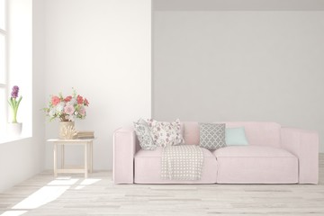 White living room with sofa. Scandinavian interior design. 3D illustration