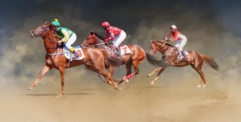 Foto auf Alu-Dibond jockey horse racing isolated on dust background © Dotana