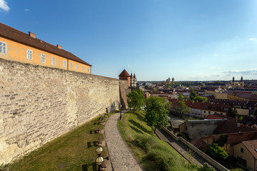 Naklejka premium The wall of the Eger Castle in Hungary on a sunny afternoon with the Dobo bastion in the background.