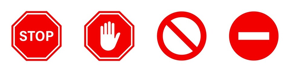 Stop red road signs. Vector isolated illustration. Red vector signs with hand symbols isolated on white background.