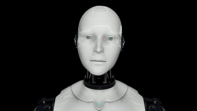 A humanoid robot on a black background turns on, moves its head, eyes and scans the environment. Artificial intelligence. 4K. 3D animation.