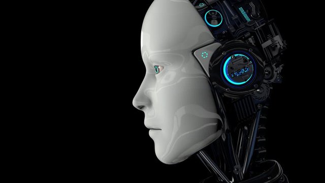 Robot android is activated, moves its head, eyes and scans the environment. Artificial intelligence. The camera moves away. 4K. 3D animation. On a black background.