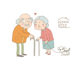 Happy senior couple. Grandmother and grandfather walk with a dog