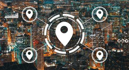 Map pin concept with downtown Chicago cityscape skyscrapers
