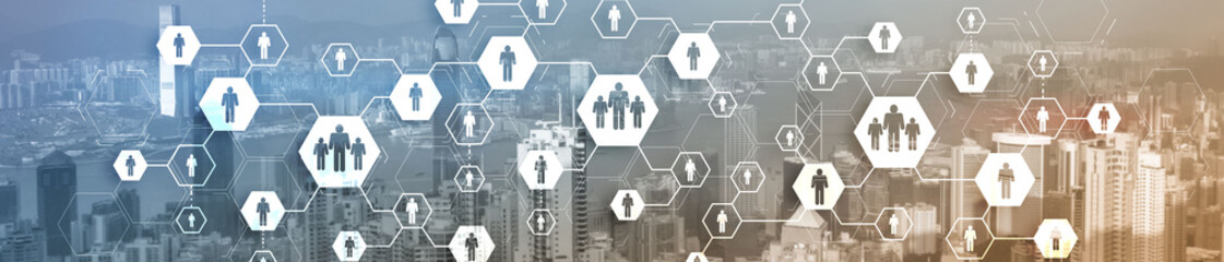 Human resources theme with downtown Hong-Kong skyline buildings.