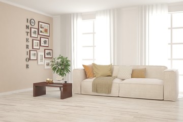 White living room with sofa. Scandinavian interior design. 3D illustration