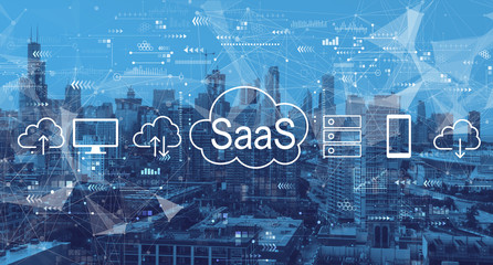 SaaS - software as a service concept with downtown Chicago cityscape skyscrapers