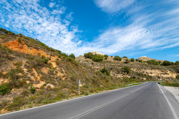 Asphalt road. Beautiful mountain landscape. Crete, Greece.
