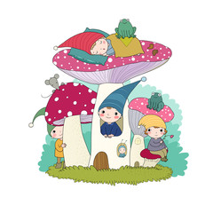 Cute cartoon gnomes, mushroom house and frog. Forest magic elves