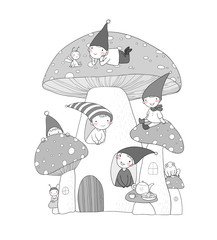 Cute cartoon gnomes, mushroom house and frog. Forest magic elves