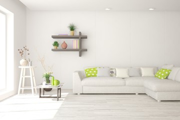 White living room with sofa. Scandinavian interior design. 3D illustration