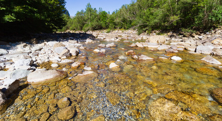a mountain river with boulders and clear water