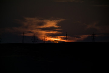 Foggy moonset, full moon, Long shutter shot. Zoom shot