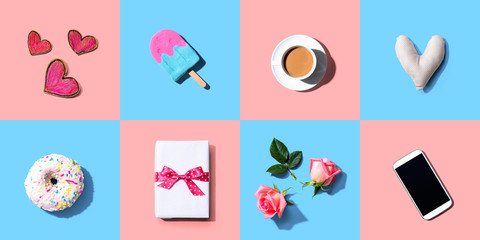 Appreciation theme with roses, smartphone, coffee, and gift box - flatlay
