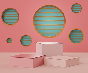 3d abstract minimalist geometric forms. Pink coral luxury podium display for your design. Fashion show stage,pedestal, shopfront with colorful theme.
