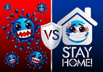 Vector emoticon calling to wear masks and be quarantined. COVID 2019 or just a virus. Coronavirus banner to inform and prevent the spread of the disease. Vector with space for text. Stay home safe. 