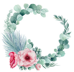 Delicate watercolor wreath with anemones, eucalyptus, palm leaves and fern. Frame for gentle wedding invitations.