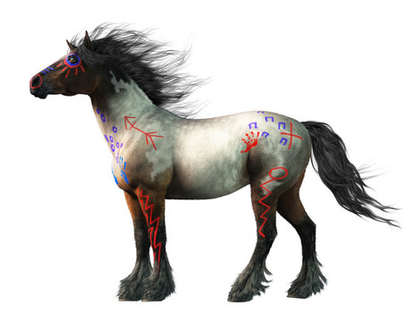 A roan coated war horse wearing Native American war paint.  This Indian pony is standing in profile on a white background. 3D Rendering 
