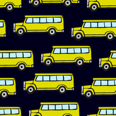 Yellow cartoon school buses isolated on dark blue background. Side view. Beautiful childish seamless pattern. Hand drawn vector graphic illustration. Texture.