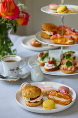 Traditional afternoon tea with canapes and cakes