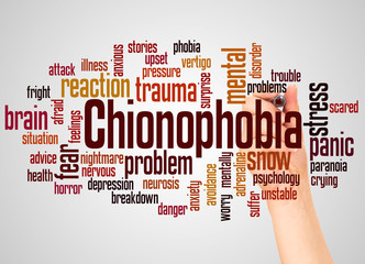 Chionophobia fear of snow word cloud and hand with marker concept