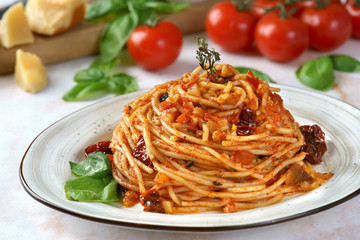 Pasta with tomato sauce, sun-dried tomatoes and olives on a light background