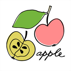 Whole apple and the half of it. Colorful vector illustration with hand lettering. Perfect for price tag, teaching aid, illustrated summary, other design projects