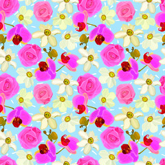  Floral seamless pattern of orchids, roses, daffodils. Eps10 vector illustration