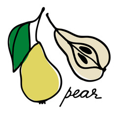 Whole pear and the half of it. Colorful vector illustration with hand lettering. Perfect for price tag, teaching aid, illustrated summary, other design projects