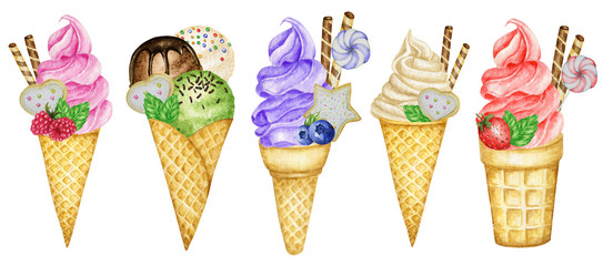Fruit Ice-cream in waffle cone set. Decorated with chocolate waffles berries cookies and candies. Raspberry Blueberry Strawberry Vanilla Ice Cream Watercolor illustration isolated on white background