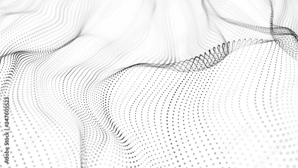 Poster Abstract dynamic wave of many particles. Digital background. Seamless loop. 3D rendering.