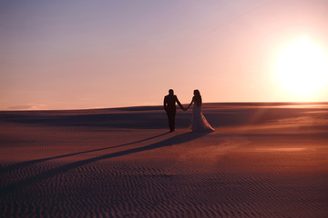 The bride and groom hold hands in the sandy desert at sunset, a beautiful wedding dress, long shadows, the wedding couple enjoys each other, a beautiful woman, a guy and a girl walk along the dunes