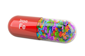 Capsule with iron Fe, dietary supplement. 3D rendering