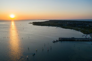 Aerial view  of sunset in Hel penisula Jastarnia Puck Bay Baltic Sea